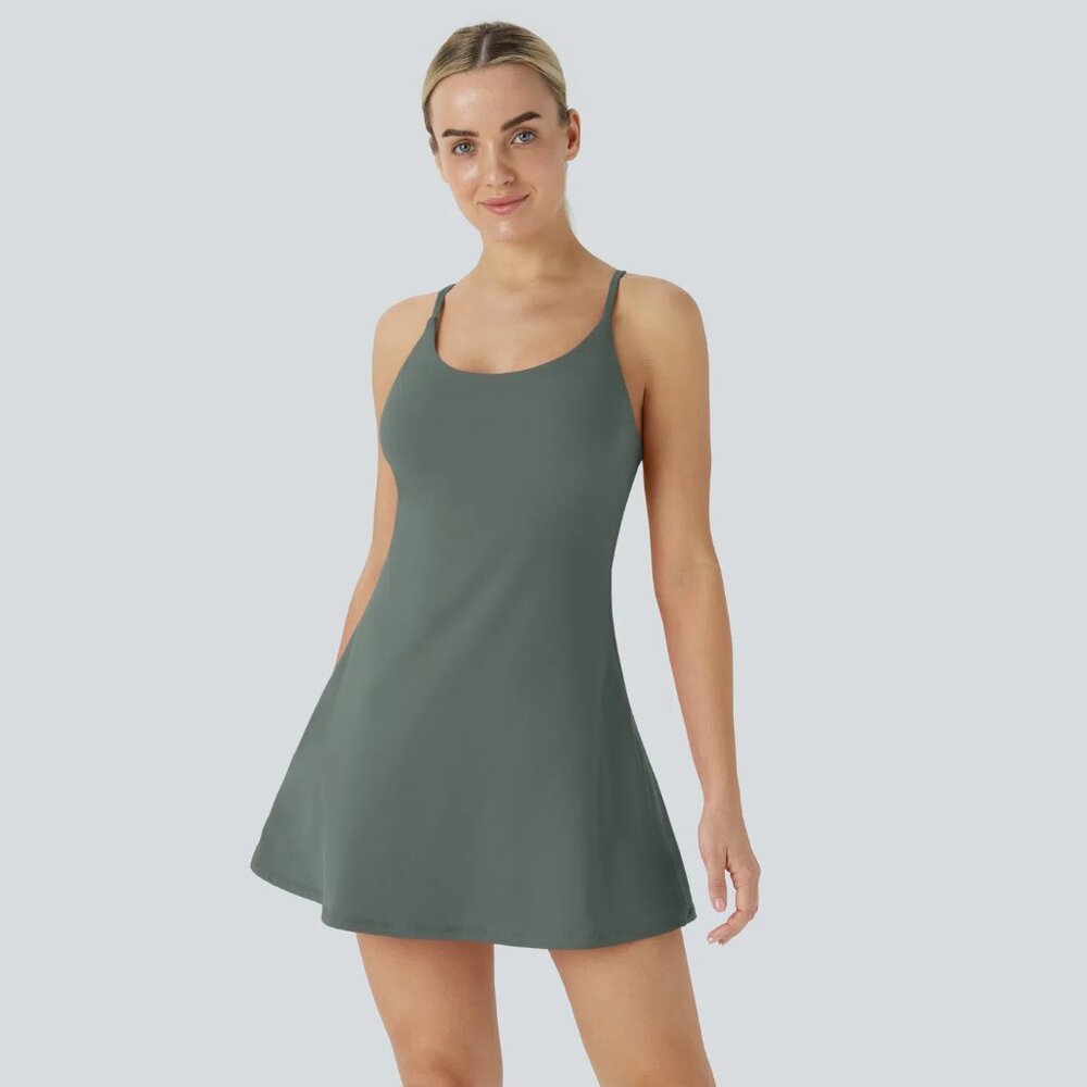Halara Everyday Cloudful™ Backless 2-in-1 Flare Workout Dress (Grey Green)